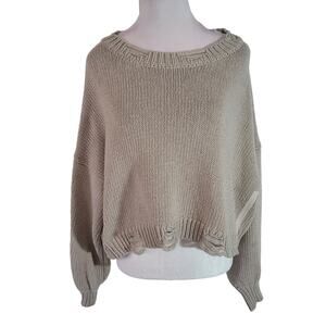 POL Size M Women's Beige Side Stripe Distressed Hem Crewneck Knit Sweater
